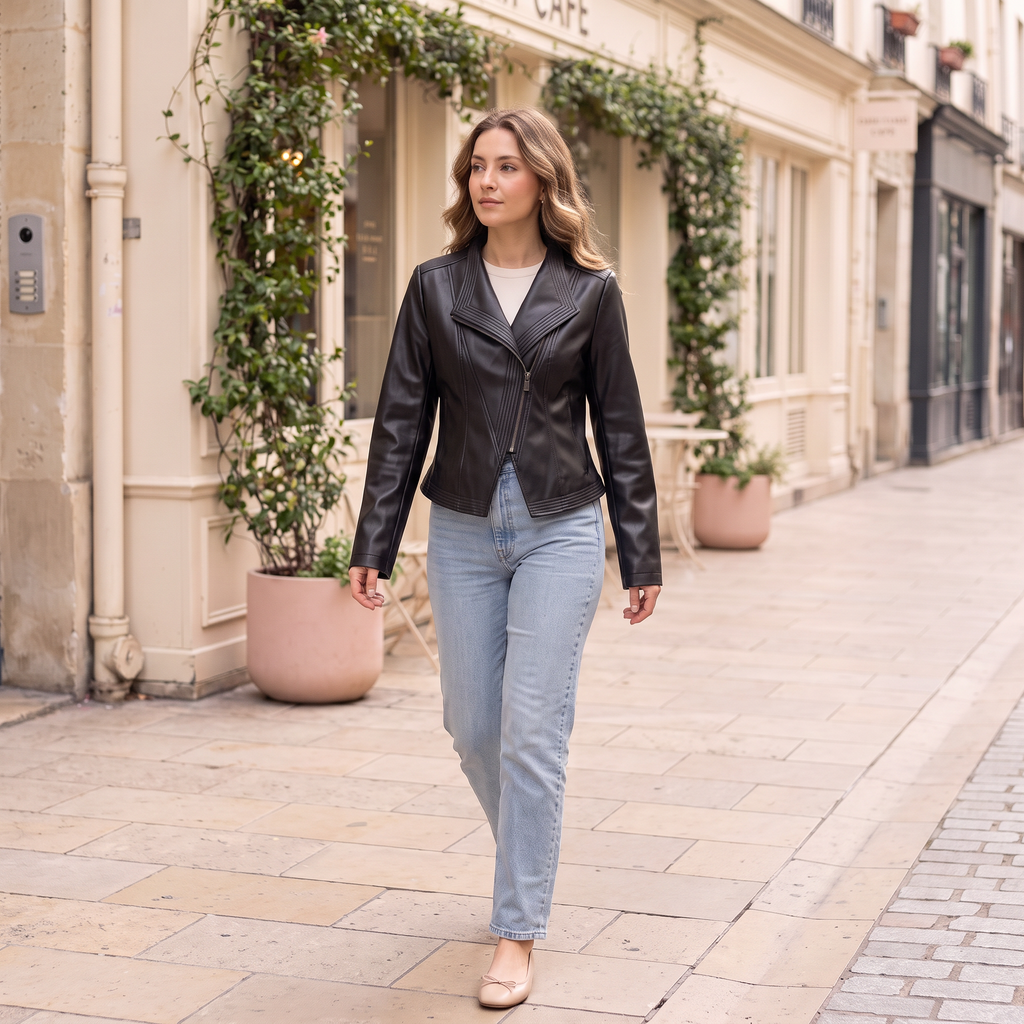 Women's Stitched-Lapel Faux Leather Biker Jacket — Black — full-body styling