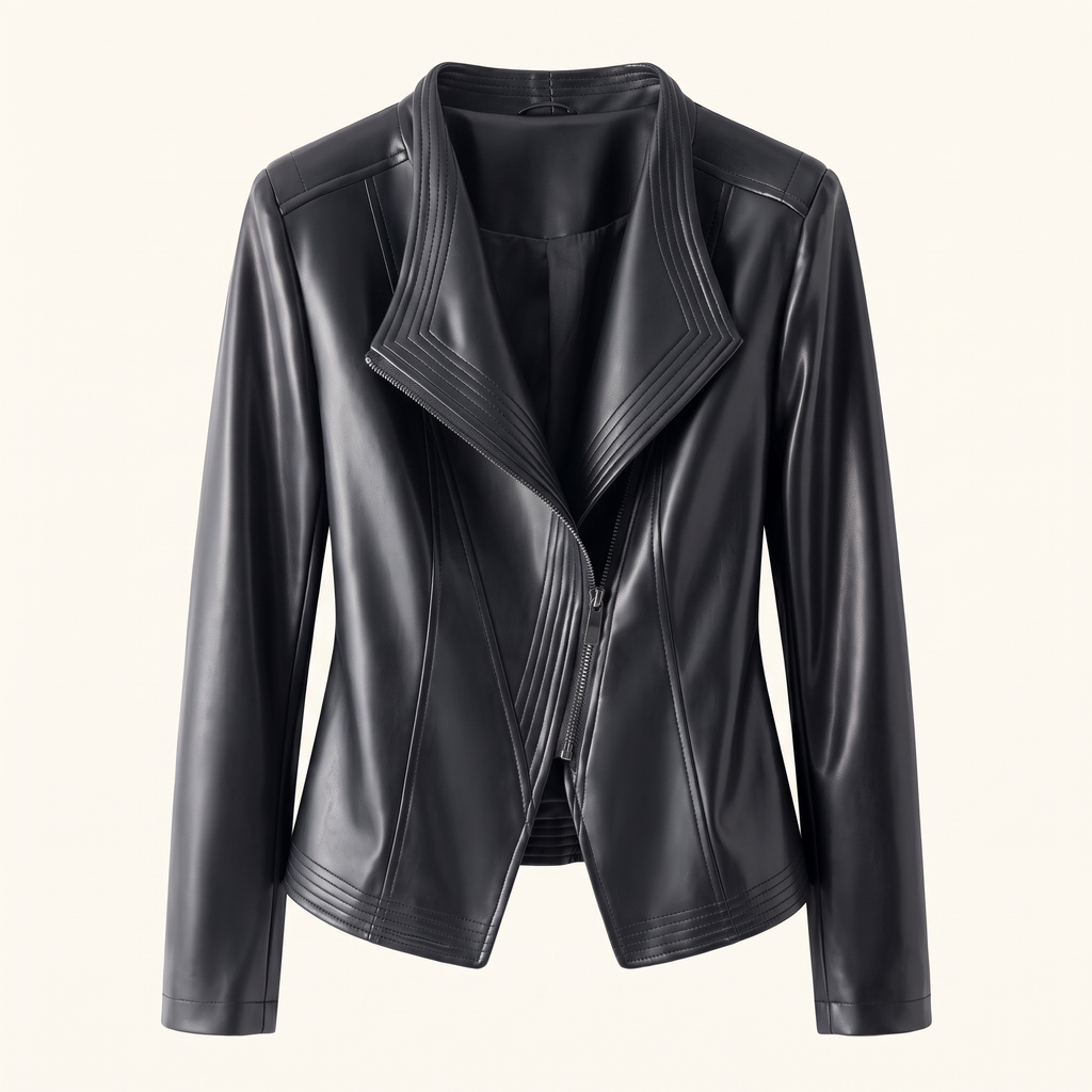 Women's Stitched-Lapel Faux Leather Biker Jacket — Black — front product view