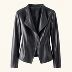 Women's Stitched-Lapel Faux Leather Biker Jacket — Black — front product view