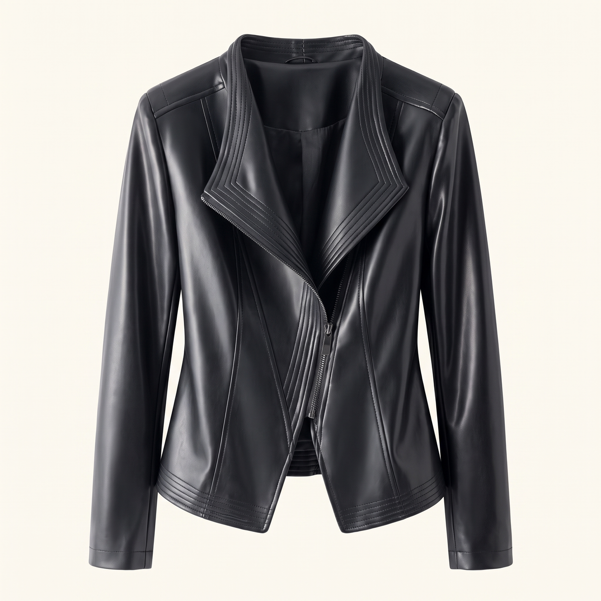 Women's Stitched-Lapel Faux Leather Biker Jacket — Black — front product view