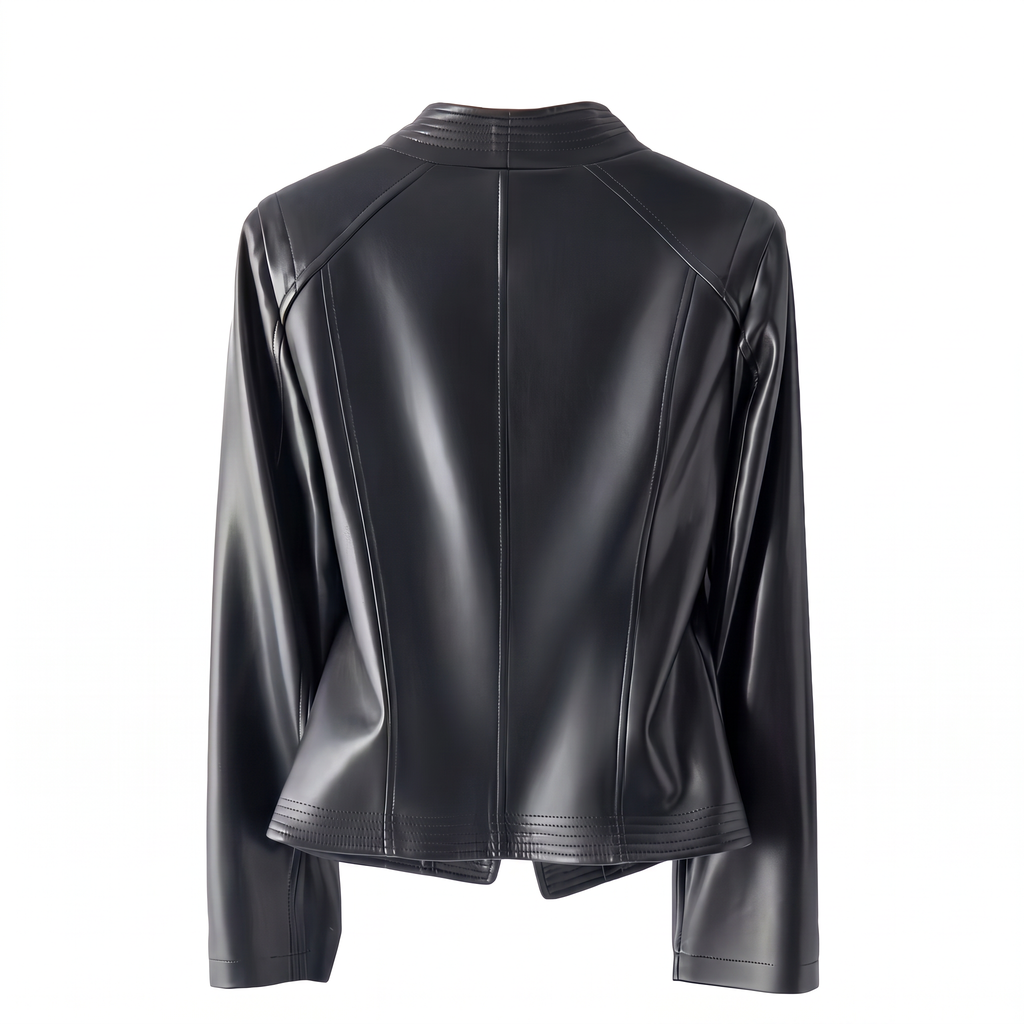 Women's Stitched-Lapel Faux Leather Biker Jacket — Black — rear product view