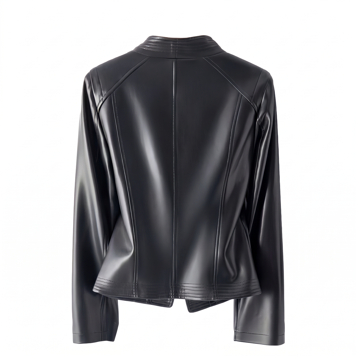 Women's Stitched-Lapel Faux Leather Biker Jacket — Black — rear product view