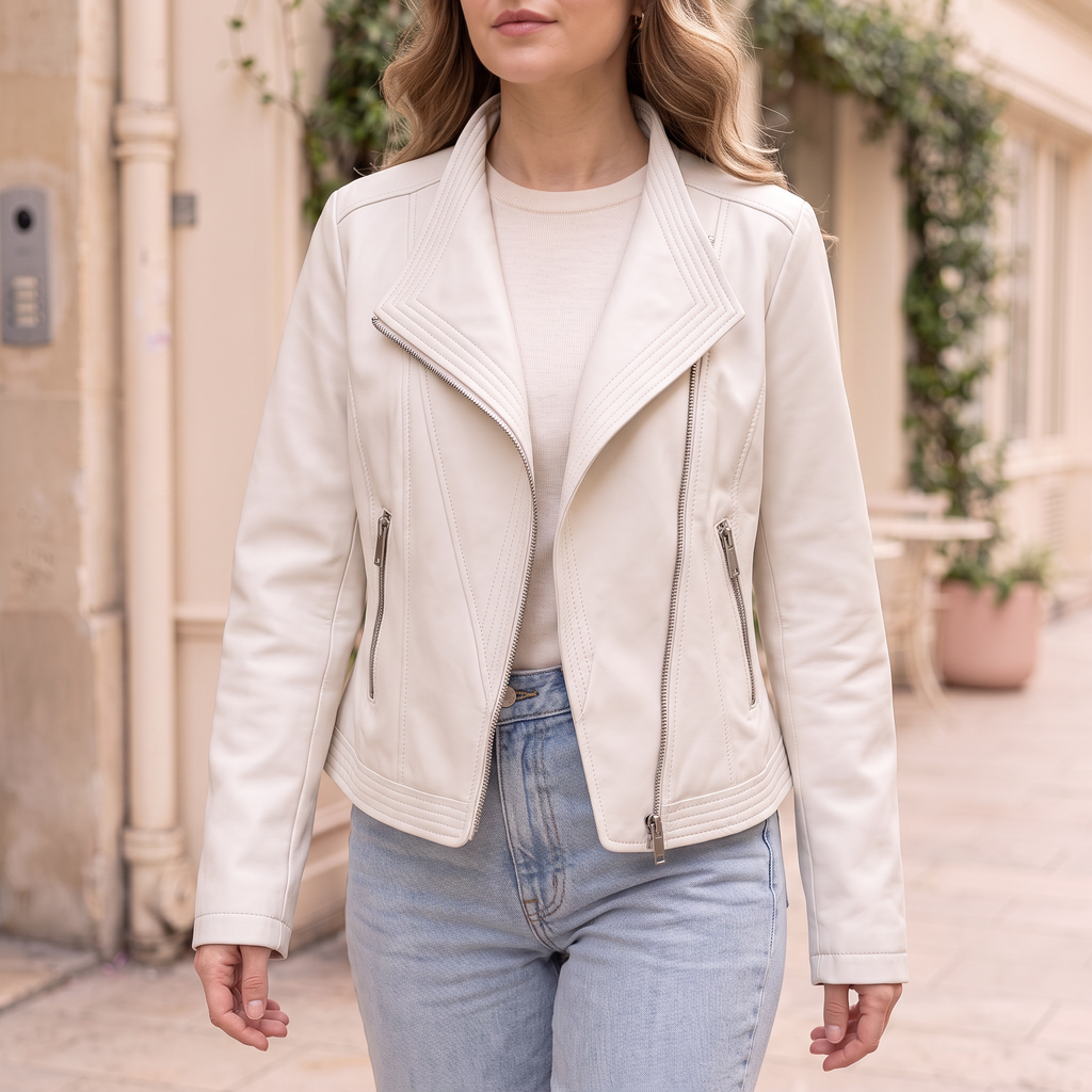 Women's Stitched-Lapel Faux Leather Biker Jacket — White — cropped on-model hero