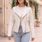 Women's Stitched-Lapel Faux Leather Biker Jacket — White — cropped on-model hero