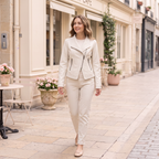 Women's Stitched-Lapel Faux Leather Biker Jacket — White — full-body styling