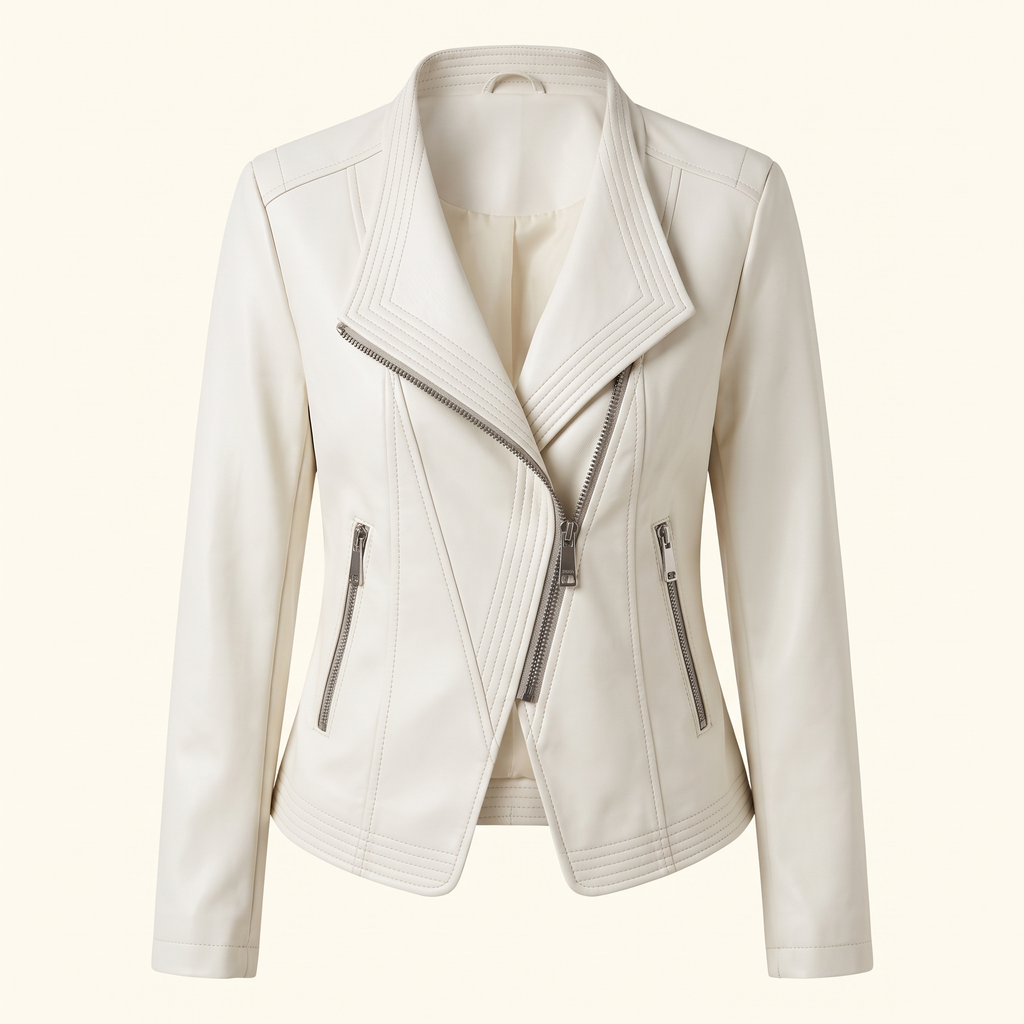 Women's Stitched-Lapel Faux Leather Biker Jacket — White — front product view
