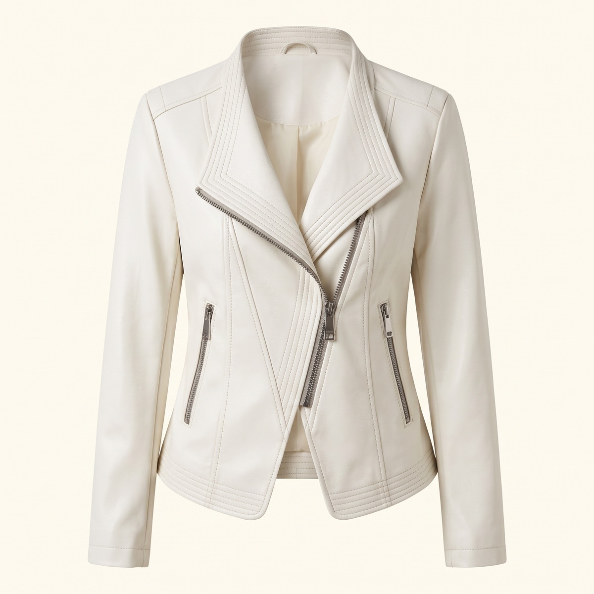 Women's Stitched-Lapel Faux Leather Biker Jacket — White — front product view