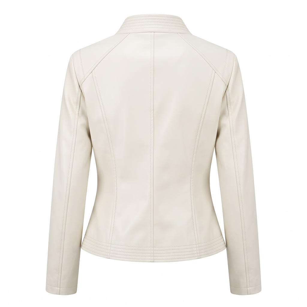 Women's Stitched-Lapel Faux Leather Biker Jacket — White — rear product view
