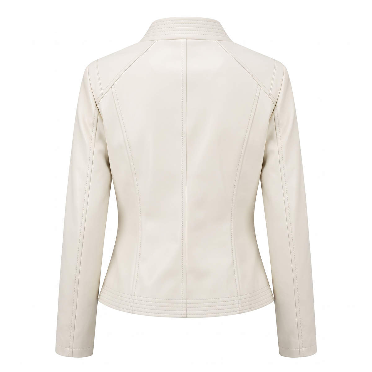 Women's Stitched-Lapel Faux Leather Biker Jacket — White — rear product view