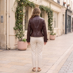 Women's Stitched-Lapel Faux Leather Biker Jacket — Burgundy — rear on-model view