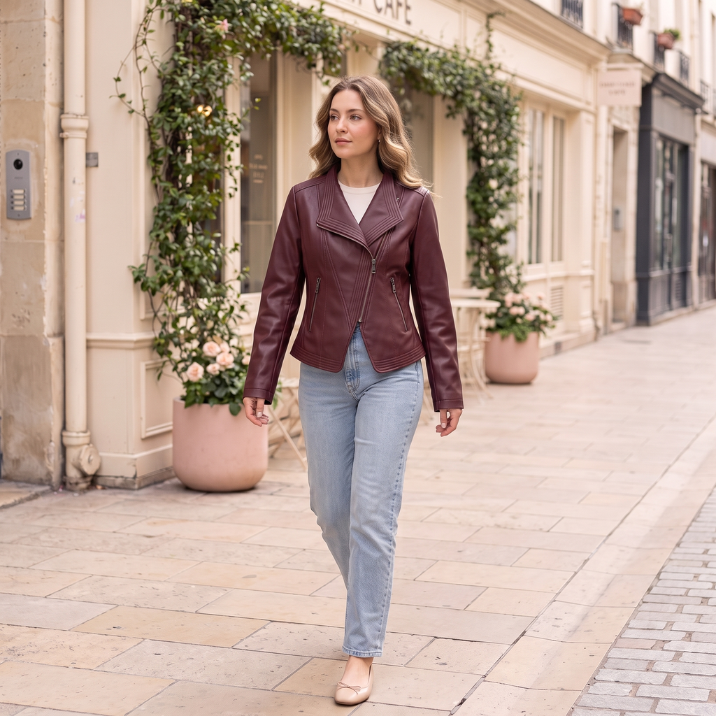 Women's Stitched-Lapel Faux Leather Biker Jacket — Burgundy — full-body styling