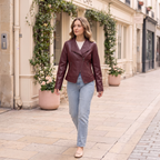 Women's Stitched-Lapel Faux Leather Biker Jacket — Burgundy — full-body styling