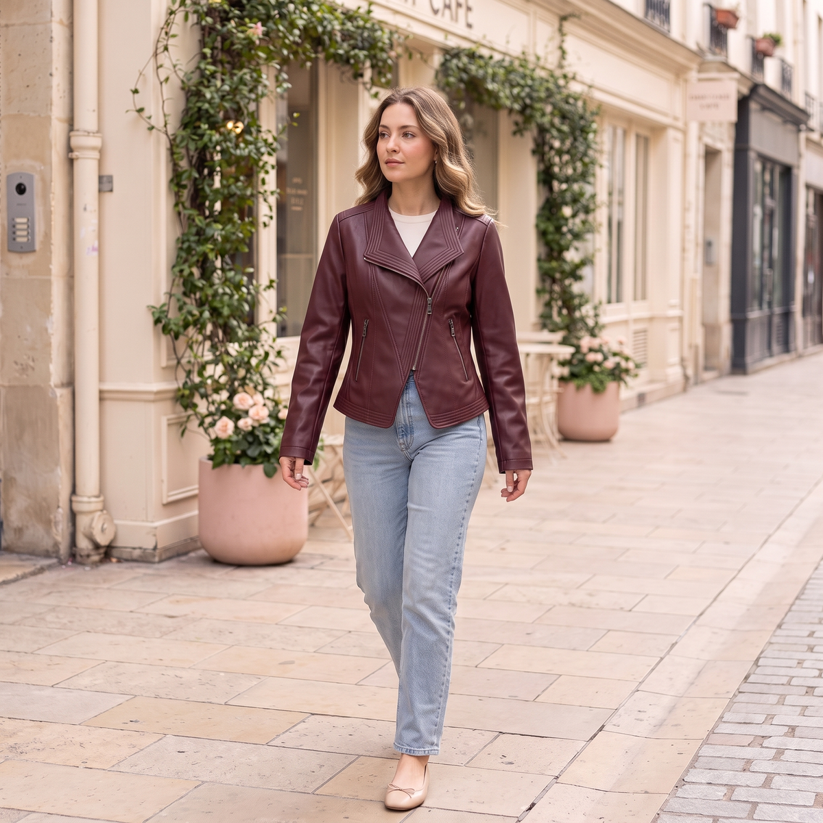 Women's Stitched-Lapel Faux Leather Biker Jacket — Burgundy — full-body styling