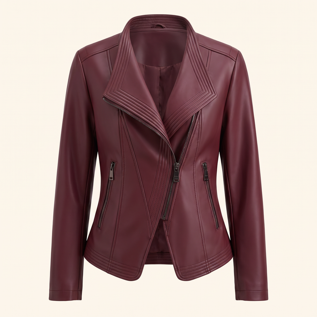 Women's Stitched-Lapel Faux Leather Biker Jacket — Burgundy — front product view
