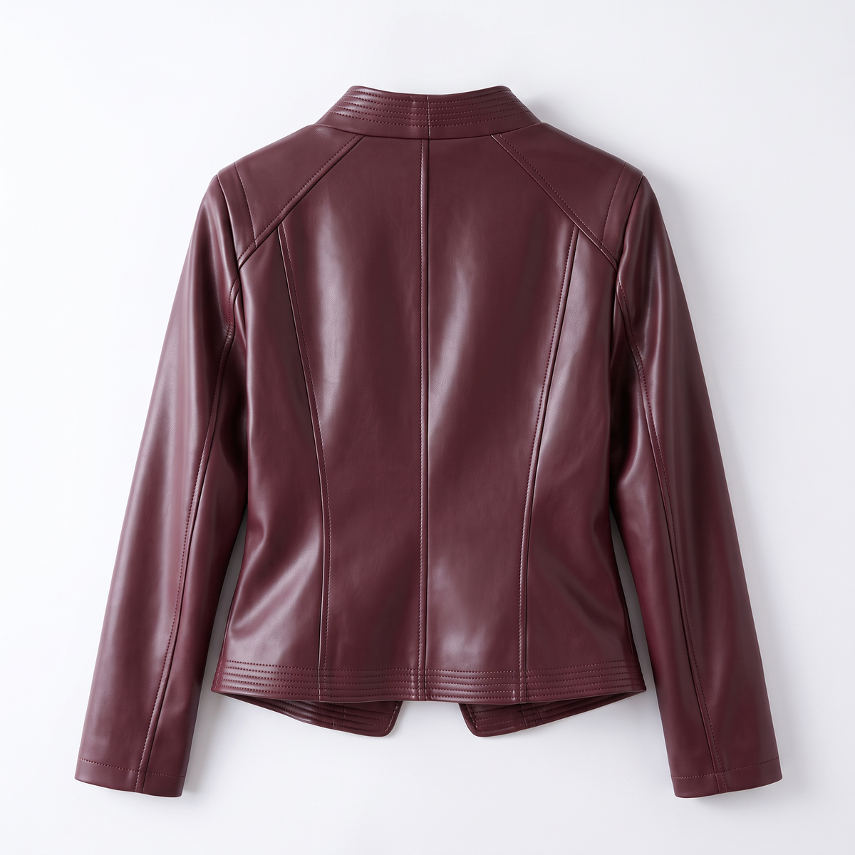 Women's Stitched-Lapel Faux Leather Biker Jacket — Burgundy — rear product view