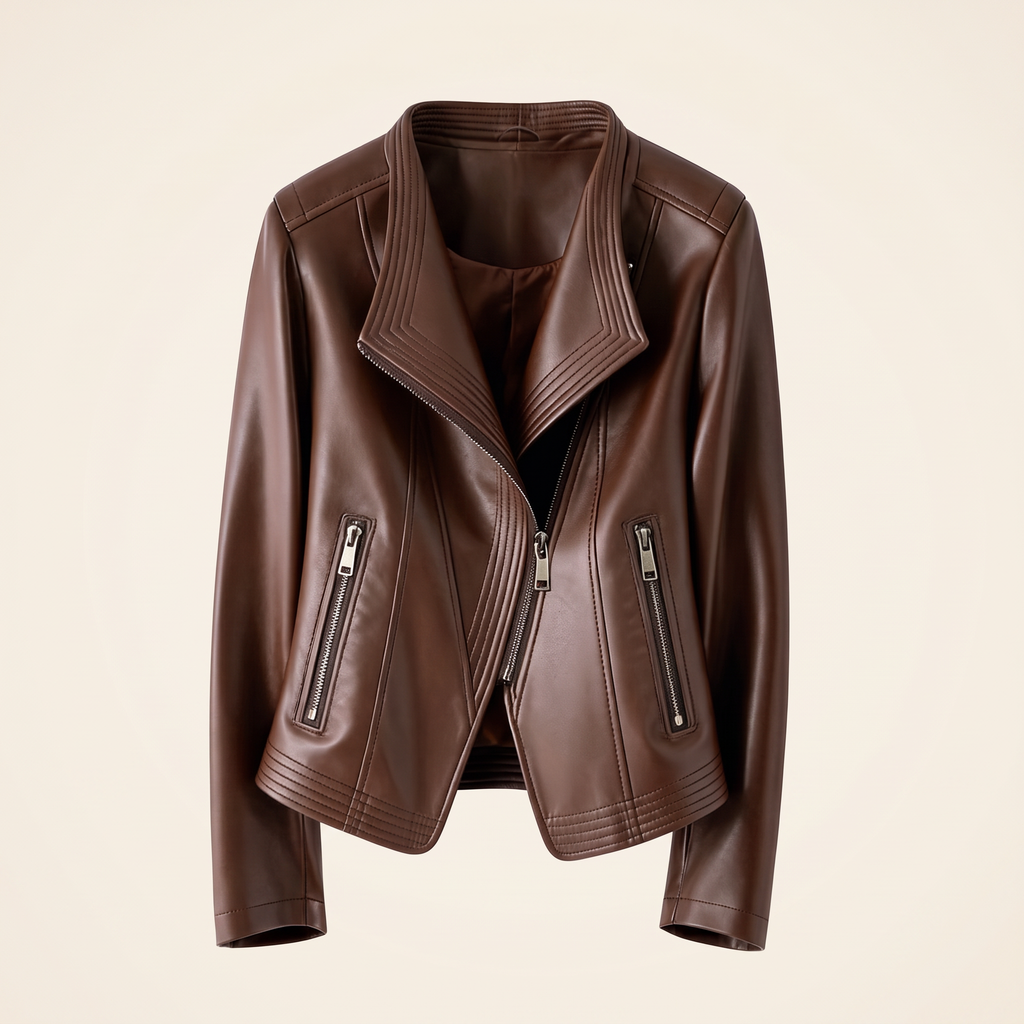 Women's Stitched-Lapel Faux Leather Biker Jacket — Brown — front product view