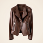 Women's Stitched-Lapel Faux Leather Biker Jacket — Brown — front product view
