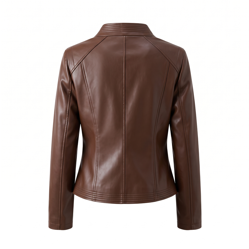 Women's Stitched-Lapel Faux Leather Biker Jacket — Brown — rear product view