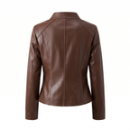 Women's Stitched-Lapel Faux Leather Biker Jacket — Brown — rear product view