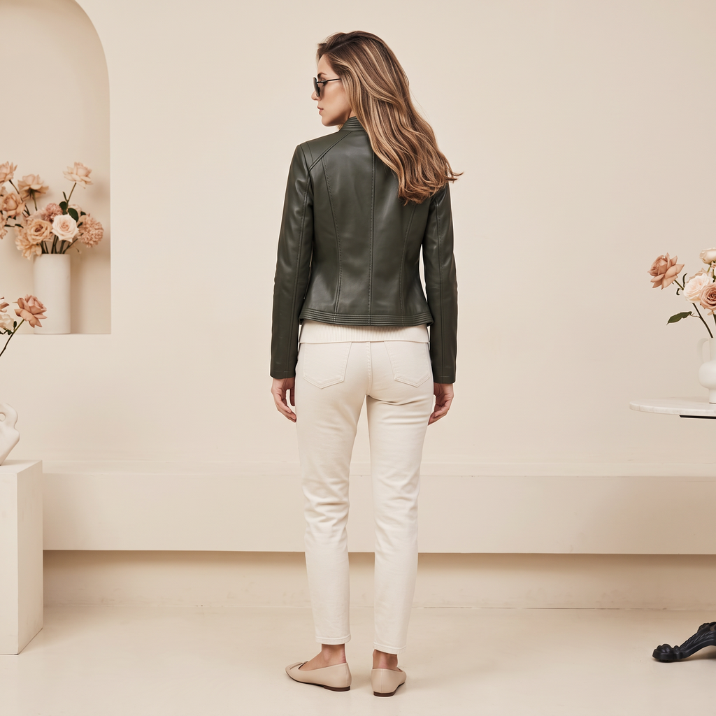 Women's Stitched-Lapel Faux Leather Biker Jacket — Dark green — rear on-model view