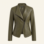 Women's Stitched-Lapel Faux Leather Biker Jacket — Dark green — front product view