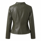 Women's Stitched-Lapel Faux Leather Biker Jacket — Dark green — rear product view