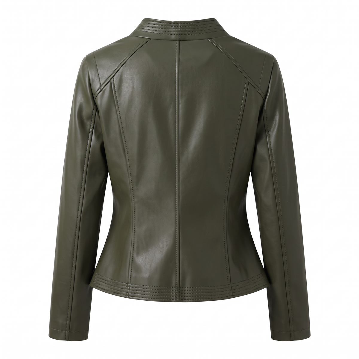 Women's Stitched-Lapel Faux Leather Biker Jacket — Dark green — rear product view