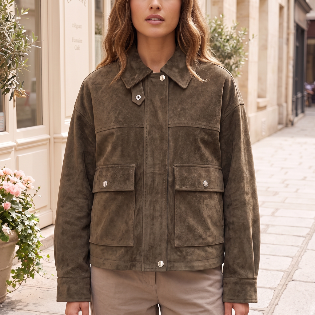 Women's Suede-Look Utility Bomber Jacket — cropped on-model hero