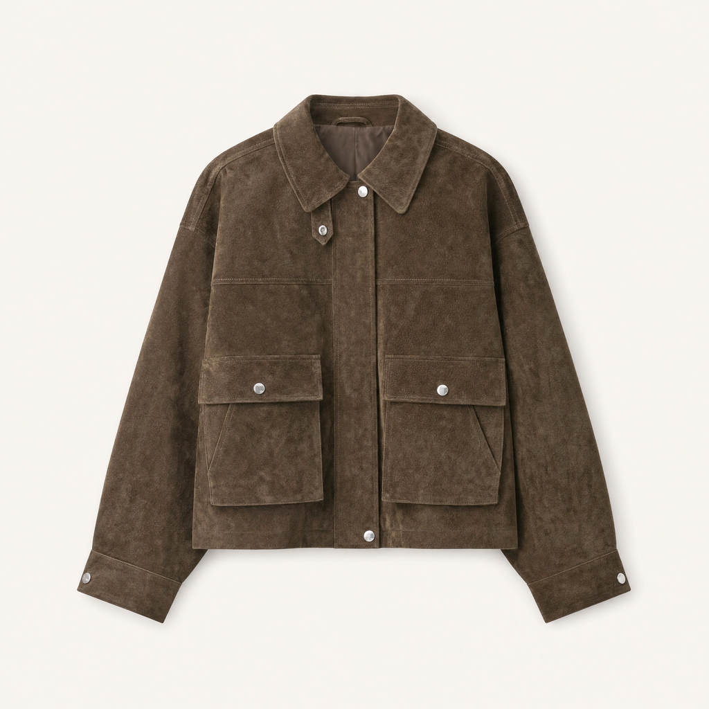 Women's Suede-Look Utility Bomber Jacket — Maroon (olive-brown) — front product view