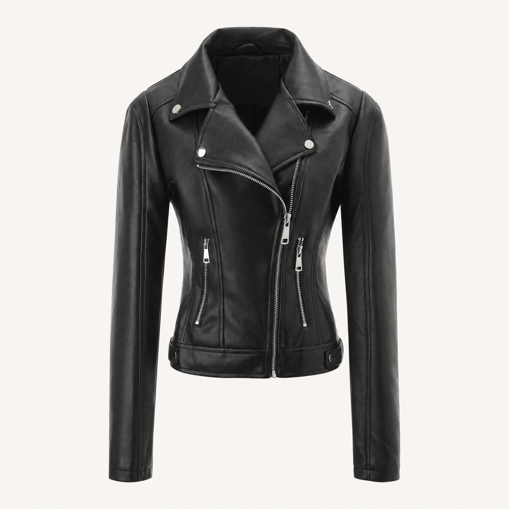 Women's Fitted Faux Leather Biker Jacket — black — front product view