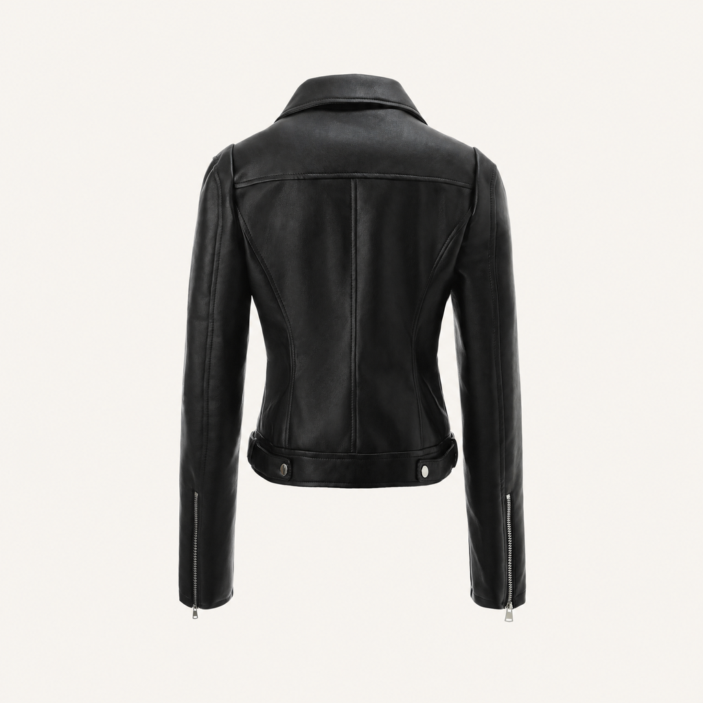 Women's Fitted Faux Leather Biker Jacket — black — rear product view