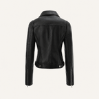 Women's Fitted Faux Leather Biker Jacket — black — rear product view
