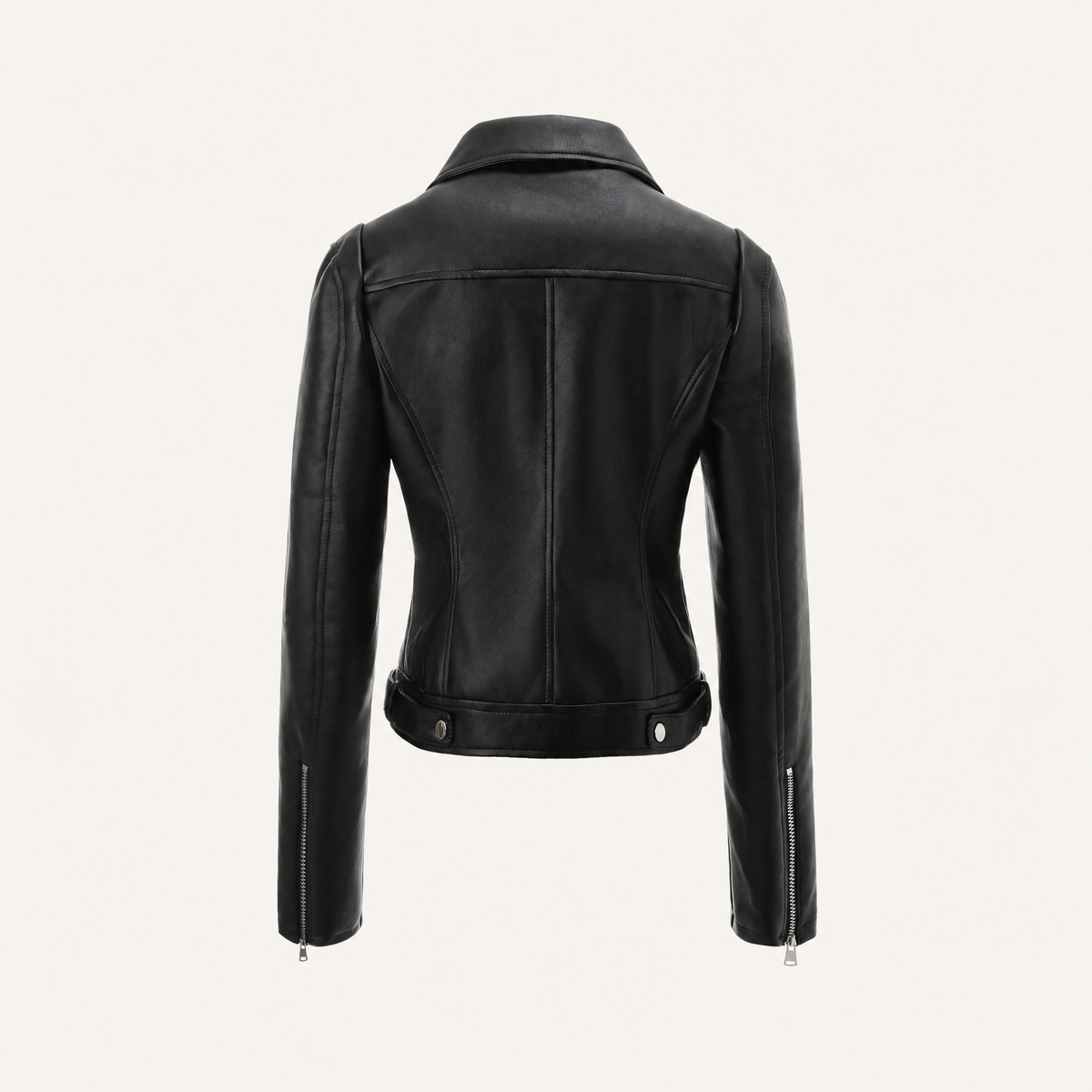 Women's Fitted Faux Leather Biker Jacket — black — rear product view