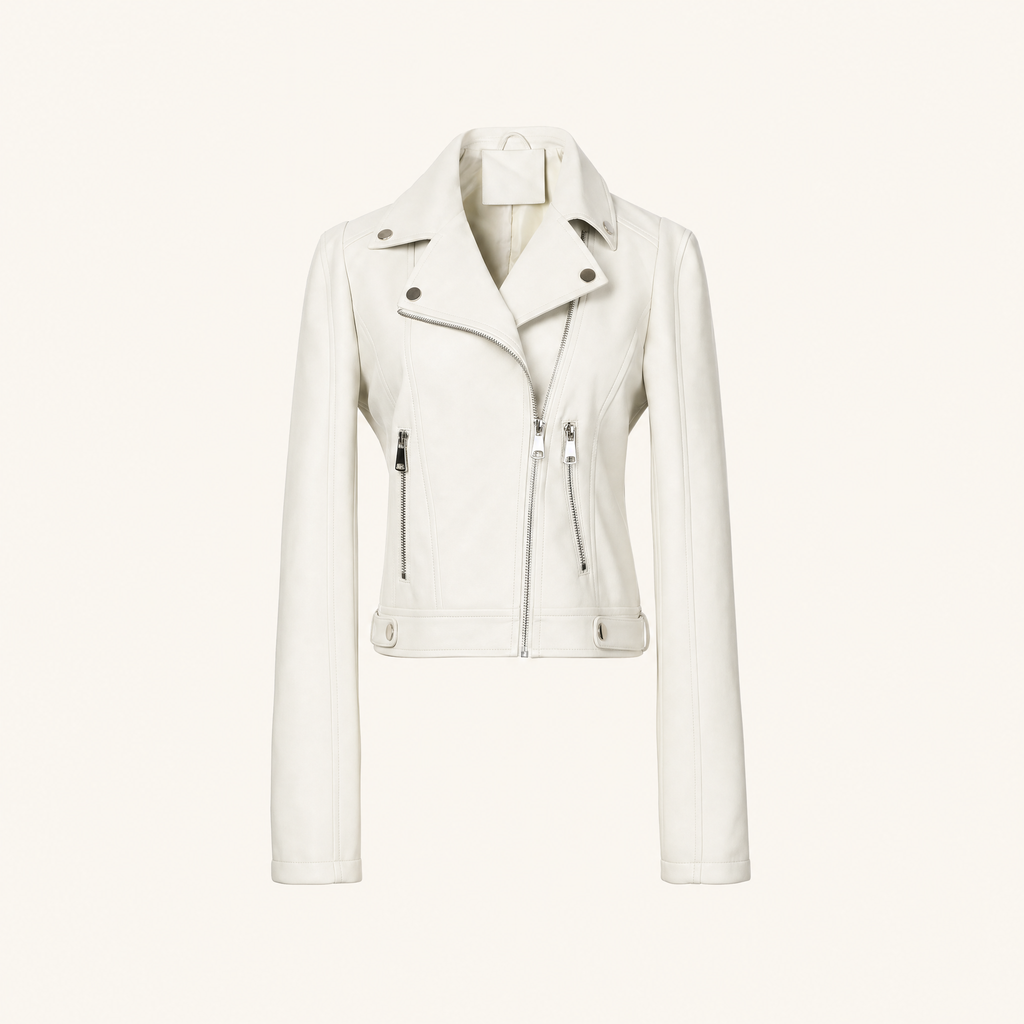 Women's Fitted Faux Leather Biker Jacket — White — front product view