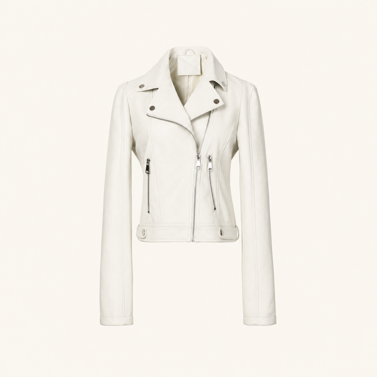 Women's Fitted Faux Leather Biker Jacket — White — front product view