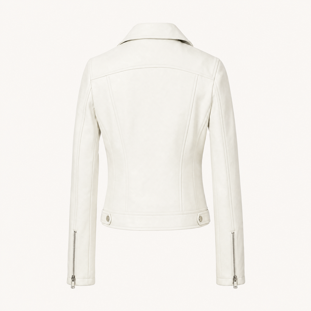 Women's Fitted Faux Leather Biker Jacket — White — rear product view