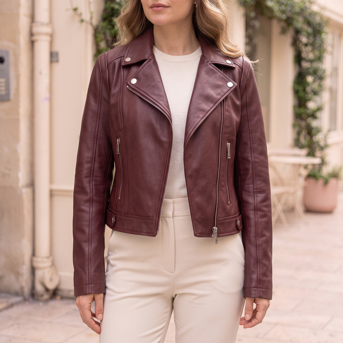 Women's Fitted Faux Leather Biker Jacket — cropped on-model hero