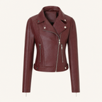 Women's Fitted Faux Leather Biker Jacket — Wine red — front product view