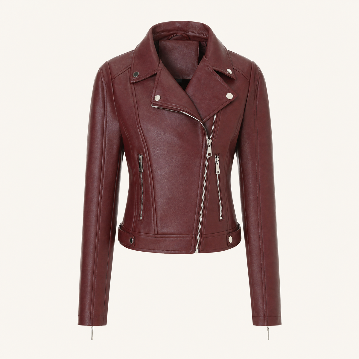 Women's Fitted Faux Leather Biker Jacket — Wine red — front product view