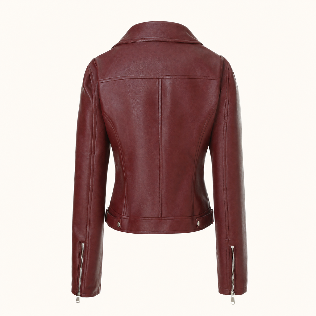 Women's Fitted Faux Leather Biker Jacket — Wine red — rear product view