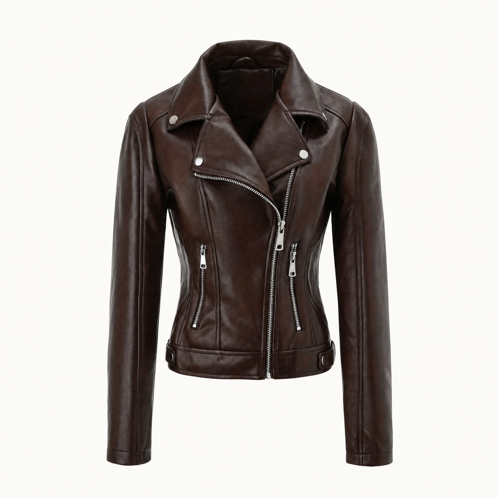 Women's Fitted Faux Leather Biker Jacket — Brown — front product view