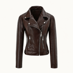 Women's Fitted Faux Leather Biker Jacket — Brown — front product view
