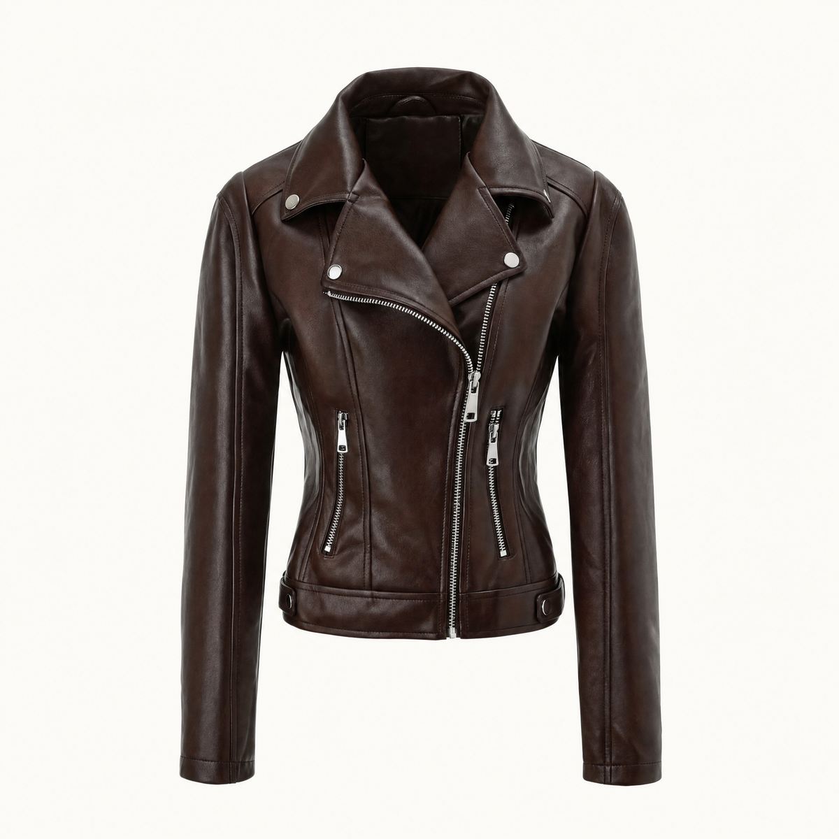 Women's Fitted Faux Leather Biker Jacket — Brown — front product view