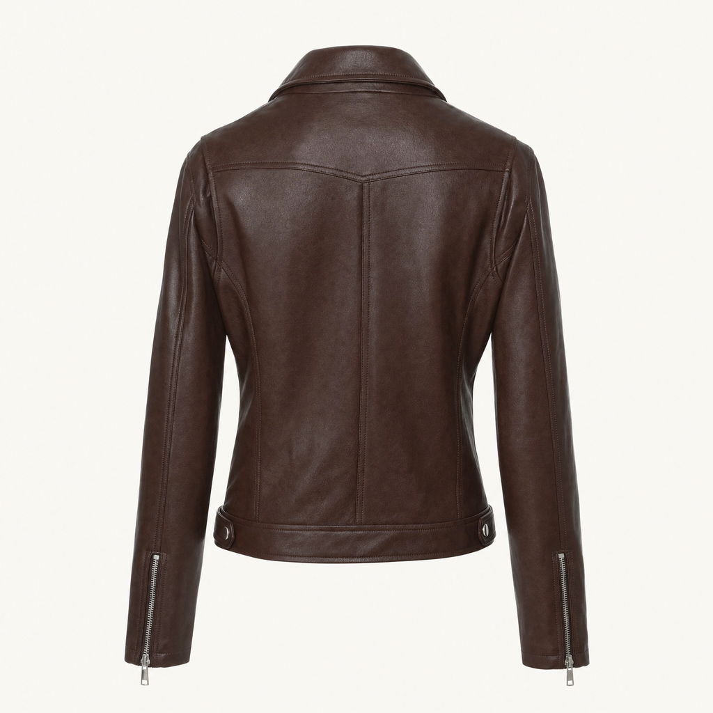 Women's Fitted Faux Leather Biker Jacket — Brown — rear product view