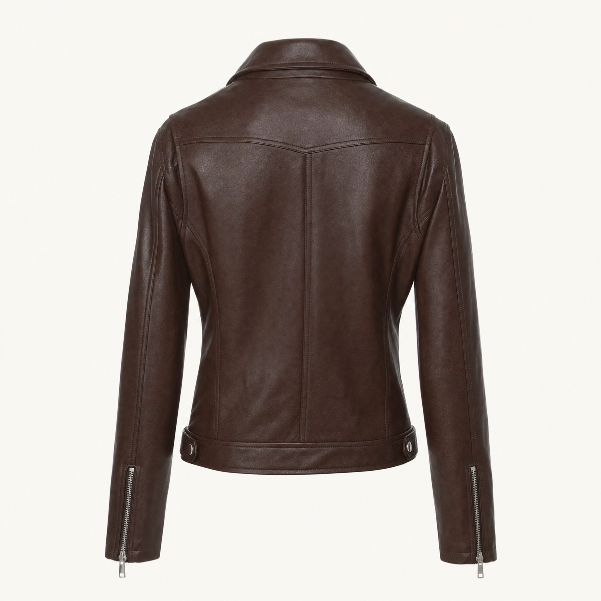 Women's Fitted Faux Leather Biker Jacket — Brown — rear product view