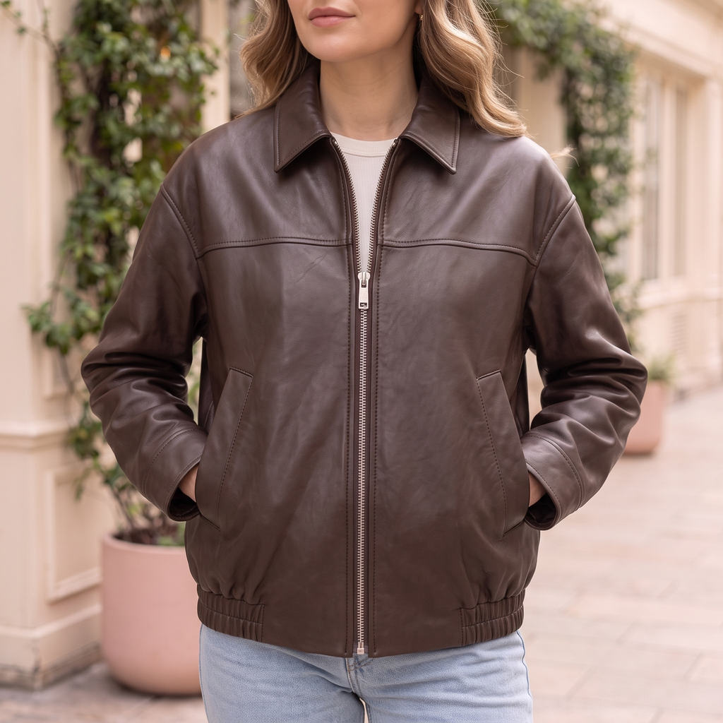 Women's Relaxed Faux Leather Bomber Jacket — Coffee Brown — cropped on-model hero