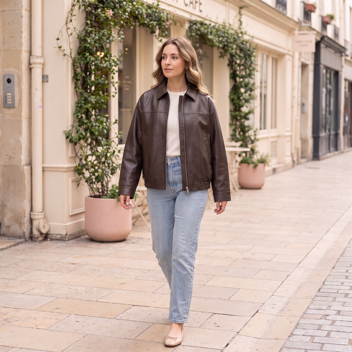 Women's Relaxed Faux Leather Bomber Jacket — Coffee Brown — full-body styling