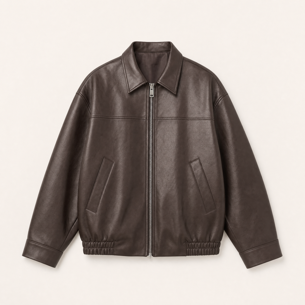 Women's Relaxed Faux Leather Bomber Jacket — Coffee Brown — front product