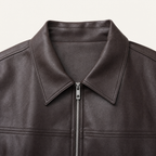 Women's Relaxed Faux Leather Bomber Jacket — Coffee Brown — collar and zipper detail