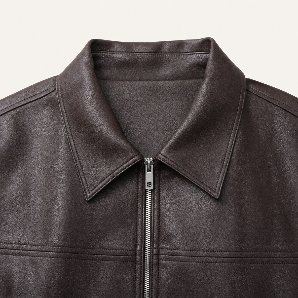 Women's Relaxed Faux Leather Bomber Jacket — Coffee Brown — collar and zipper detail